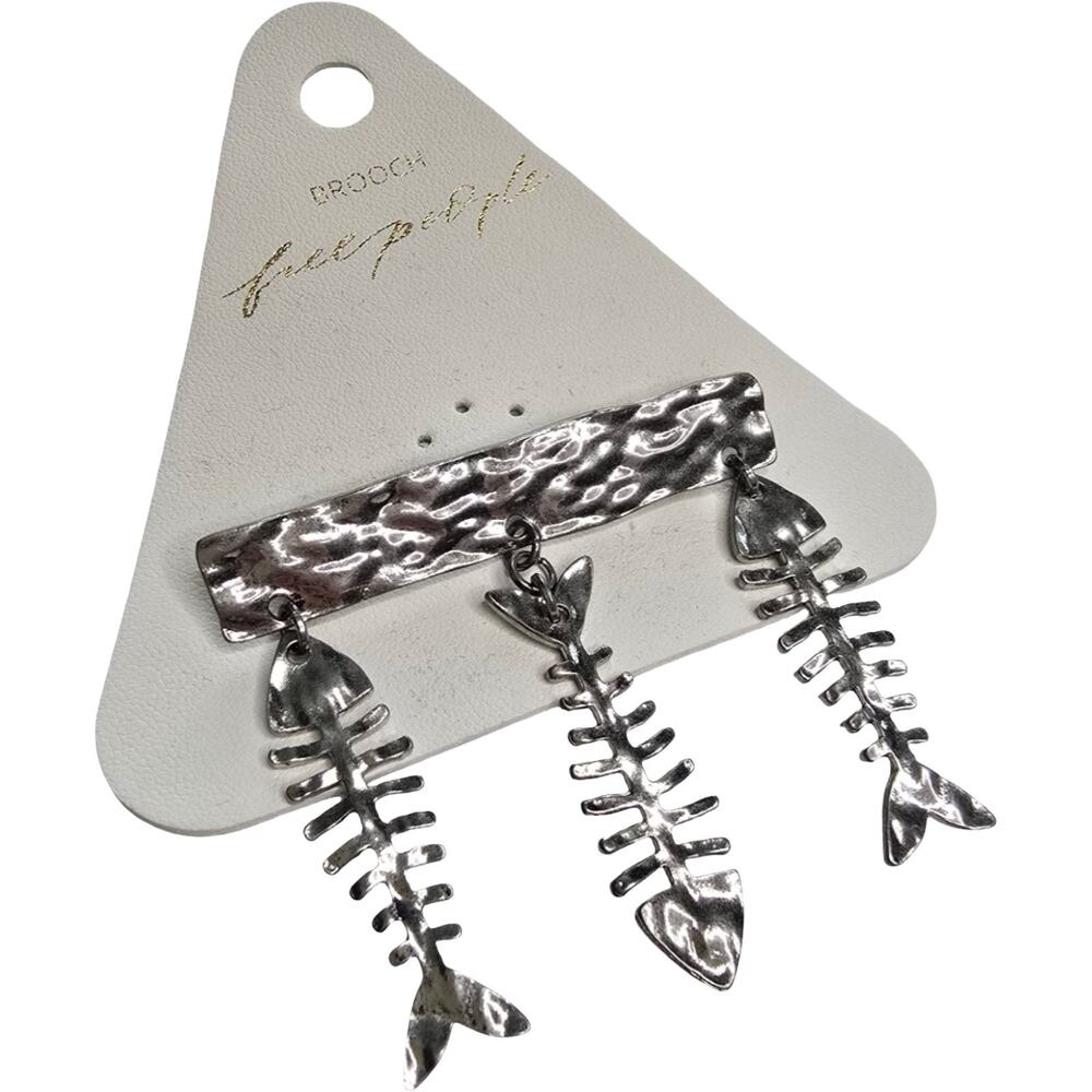 Free People Fish Bone Skeleton Brooch Silver Dangle Pin Boho Coastal Punk